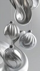 A minimalist vertical wallpaper of hanging silver and white Christmas baubles against a clean, modern background.