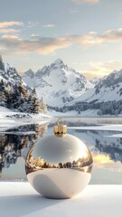 A surreal and beautiful holiday scene with a single white Christmas bauble in a snowy mountain lake at sunrise.