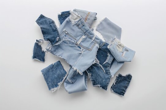 Ripped denim scraps scattered on a white surface, top view. Concept of repurposing worn-out jeans.