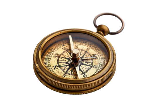 An antique compass resting on a bright surface, symbolizing exploration and navigation in quiet contemplation and adventure isolated on transparent background