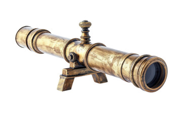 Fototapeta premium A vintage brass telescope rests on a wooden table, inviting stargazers and explorers to discover distant worlds and hidden vistas isolated on transparent background