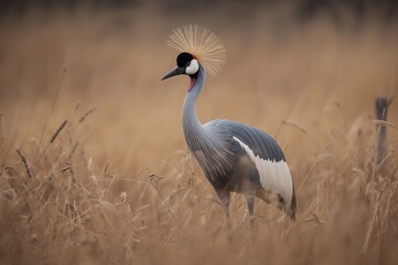 Fototapeta premium Royal Crane standing among dry grass