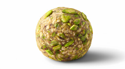 Fototapeta premium Traditional Indian Laddoo with Pistachios on White Background – Sweet for Diwali, Dussehra, Navratri Celebration