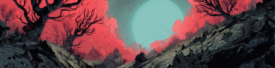 Dark fantasy landscape with dead trees and red clouds