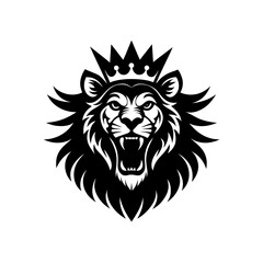 Lion with crown roaring loudly on transparent background silhouette