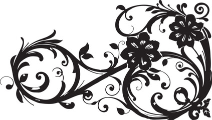 Abstract vector floral design elements featuring ornate black vintage flower and leaf silhouette scroll borders