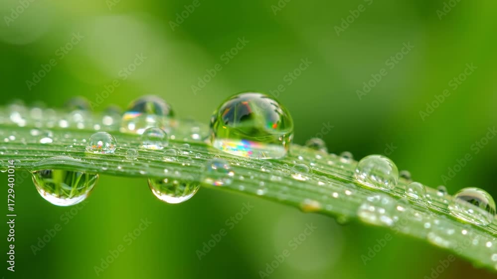 Wall mural extreme macro close-up of morning dew drops refracting light, creating tiny rainbow prisms depth, ma