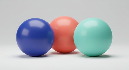 Three spheres in blue, coral, and teal