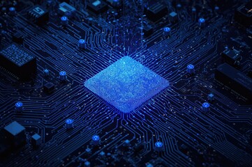 3D depiction of futuristic cyber infrastructure featuring nano and neuro tech, internet frameworks, microchips, circuits, intelligent devices, quantum computing, and advanced data analytics