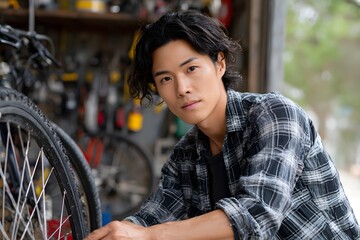 Young man works on bicycle repairs in local shop setting Generative AI