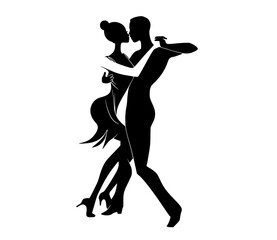 a silhouette of a couple dancing a tangoblack, couple, dance, dress, illustration, man, profile, woman 