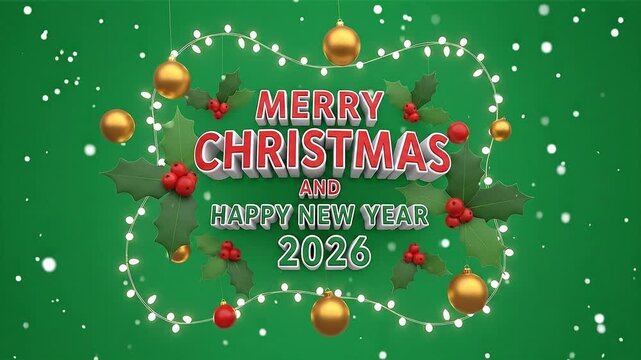 Festive Christmas and New Year 2026 Celebration with Ornaments and Lights on green screen. Chroma key Merry Christmas and Happy New Year 2026