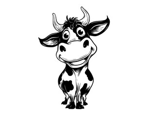 a cartoon cow with a cheerful expressionanimal, black, bull, cow, head, illustration, stand, trumpet, white 