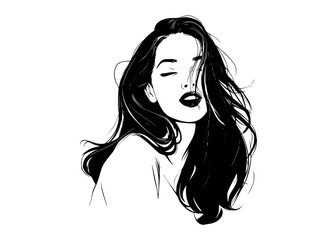 a stylized portrait of a woman with long, flowing hair, depicted in black and whitebeautiful, black, close-up, cosmetic, eye, face, girl, hair, illustration, mouth, portrait, woman 