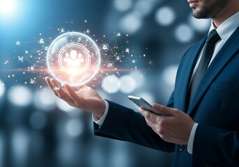 A businessman in a suit holds a smartphone and a glowing network globe, symbolizing digital connectivity and collaboration.