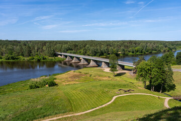 Wonderful landscapes in Lithuania from Merkine observation tower. Nemunas river and forest. Pastraujo isle. Sunny summer day.