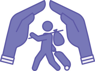 Colored Refugee Rights Icon. Vector Illustration. Human Hands Covering a Refugee with a Suitcase. Protection and Support for Migrants. World Refugee Concept