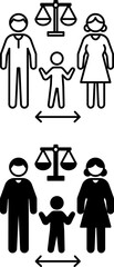 Custody Icons. Black and White Vector Illustrations. Guardians, Child, and Scales of Justice. Family and Children Concept
