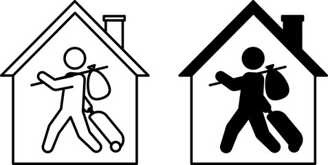 Refugee Shelter Icons. Black and White Vector Illustrations. Person with a Travel Suitcase and House. Temporary Housing for Refugees Arriving in a Foreign Country. World Refugee Concept