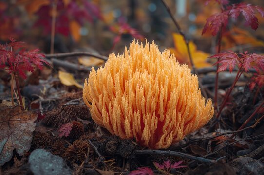Autumnal coral fungi Ramaria flavobrunnescens in natural habitat