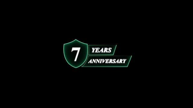 7 Years Anniversary Shield Logo With Neon Glow seven . Glowing neon animation and 4k video.