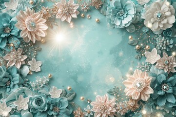 Elegant turquoise luxury backdrop featuring sparkling floral jewels and glowing light effects. 3D artwork. AI-generated