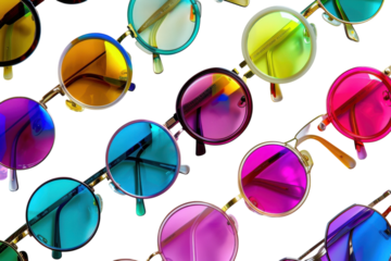 Colorful round sunglasses arranged artistically in a vibrant display highlighting summer fashion trends and playful aesthetics isolated on transparent background