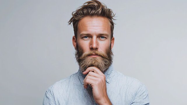 Thoughtful handsome caucasian man with a stylish beard and messy hair stroking his chin in contemplation while looking directly at the camera on an isolated solid gray background