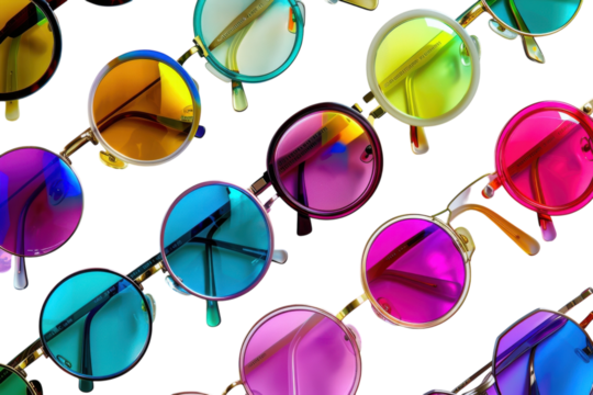 Colorful round sunglasses arranged artistically in a vibrant display highlighting summer fashion trends and playful aesthetics isolated on transparent background