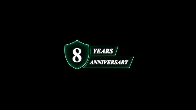 8 Years Anniversary Shield Logo With Neon Glow eight . Glowing neon animation and 4k video.