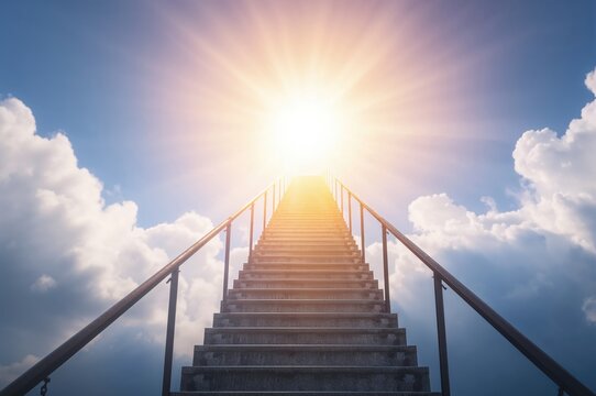 Concrete steps ascending towards a luminous sky
