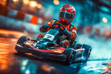 A skilled racer navigates a go-kart on a slick indoor track during rainy weather, showcasing speed and precision