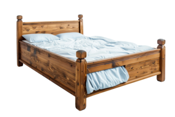 Cozy wooden bed with soft blue bedding on a simple white background, perfect for a peaceful night's sleep at any time of day isolated on transparent background