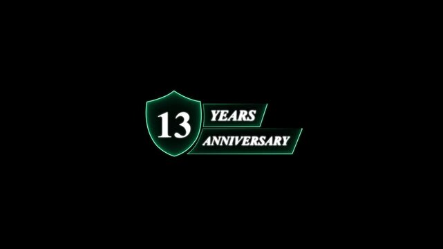 13 Years Anniversary Shield Logo With Neon Glow thirteen . Glowing neon animation and 4k video.
