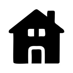 Simple Black House Icon with White Windows and Doorway