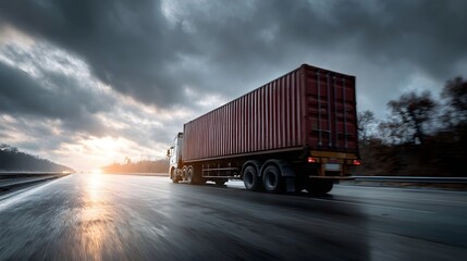 A container truck drives on a wet highway at sunset under dramatic clouds symbolizing motion and the logistics industry