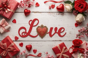 Valentine's Day decor featuring hearts, gifts, and 'Love' text on a white wooden surface