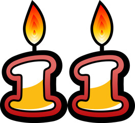 A golden number 11 shaped birthday candle with a lit flame, featuring a dripping wax effect at the bottom, presented in a hand-drawn comic style.