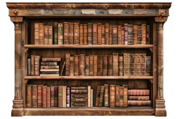 A beautifully crafted wooden bookshelf filled with vintage leather-bound books, showcasing the charm of a cozy library in an old study isolated on transparent background