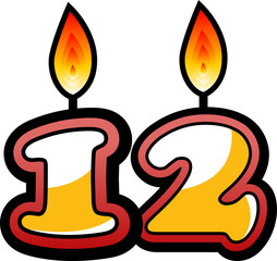 A golden number 12 shaped birthday candle with a lit flame, featuring a dripping wax effect at the bottom, presented in a hand-drawn comic style