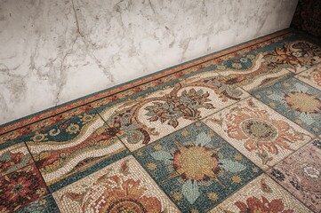 Multicolored flooring creates an attractive backdrop with vintage and retro marble patterns