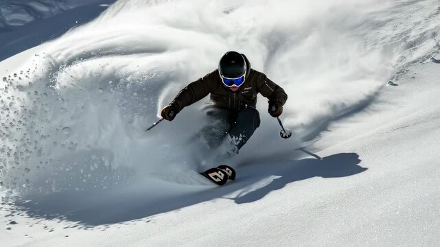 Man skiing down snow covered slope creating powder spray. Ski resort activity for winter sport and recreation. Action footage.