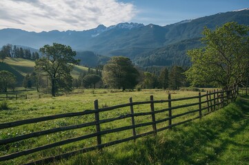 Fototapeta premium Idyllic rural scene featuring a weathered wooden barrier, vibrant grassy fields, and towering snowy peaks behind.