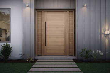 Modern house entryway with a wooden door and dual-colored facade