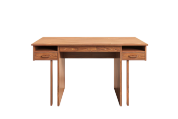 A sleek wooden desk with two drawers designed for minimalist workspaces, perfect for home offices or study areas in a contemporary setting isolated on transparent background