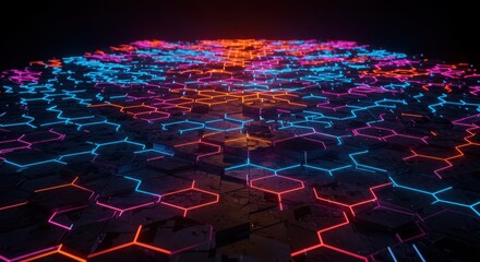 Abstract futuristic hexagon grid with neon light