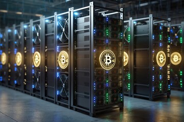 A modern Bitcoin mining facility with many servers and various digital currency symbols prominently shown