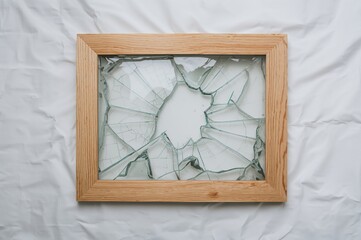 Shattered glass pane in a wooden picture frame on a pale wooden background