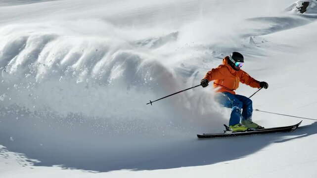 Man backcountry skiing and powder turning down a snowy mountain slope with ski poles, adventure sport footage