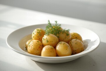 White plate filled with boiled potatoes garnished with dill